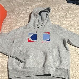 Champion Gray Hoodie with Red and Blue Accents